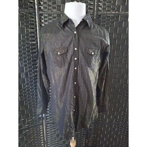 Wrangler Pearl Snap Shirt Womens XL Metallic Sheer Black Gold Striped Western